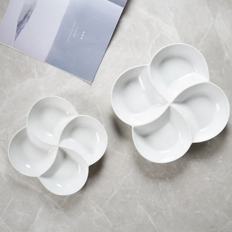 8Inch Ceramic Porcelain Four Compartment Plate Super White Flower Design Sauce Dessert Platos Assiette Wedding Plates