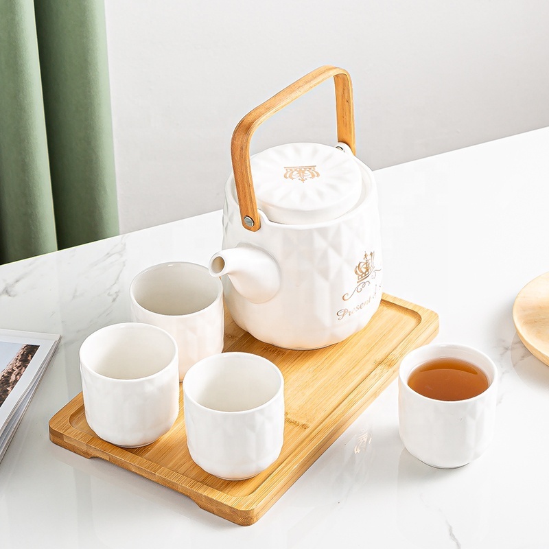 Gift Box included White Embossed Ceramic 4 Piece of Cup Set and Tea Pot with Bamboo handle and Bamboo Tray for Four Person Use