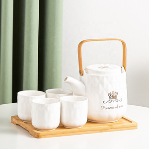 Gift Box included White Embossed Ceramic 4 Piece of Cup Set and Tea Pot with Bamboo handle and Bamboo Tray for Four Person Use