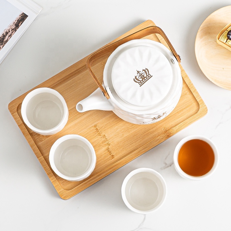 Gift Box included White Embossed Ceramic 4 Piece of Cup Set and Tea Pot with Bamboo handle and Bamboo Tray for Four Person Use