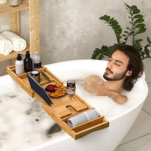 High Quality Luxury Accessories Bath Tub Expandable Bamboo Bathtub Caddy Tray Wooden Shelf