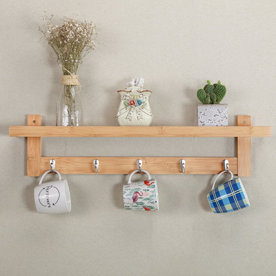 Bamboo Wooden Wall Shelf With Cloth Hook Entryway Organizer Coat Hooks key Rack Holder