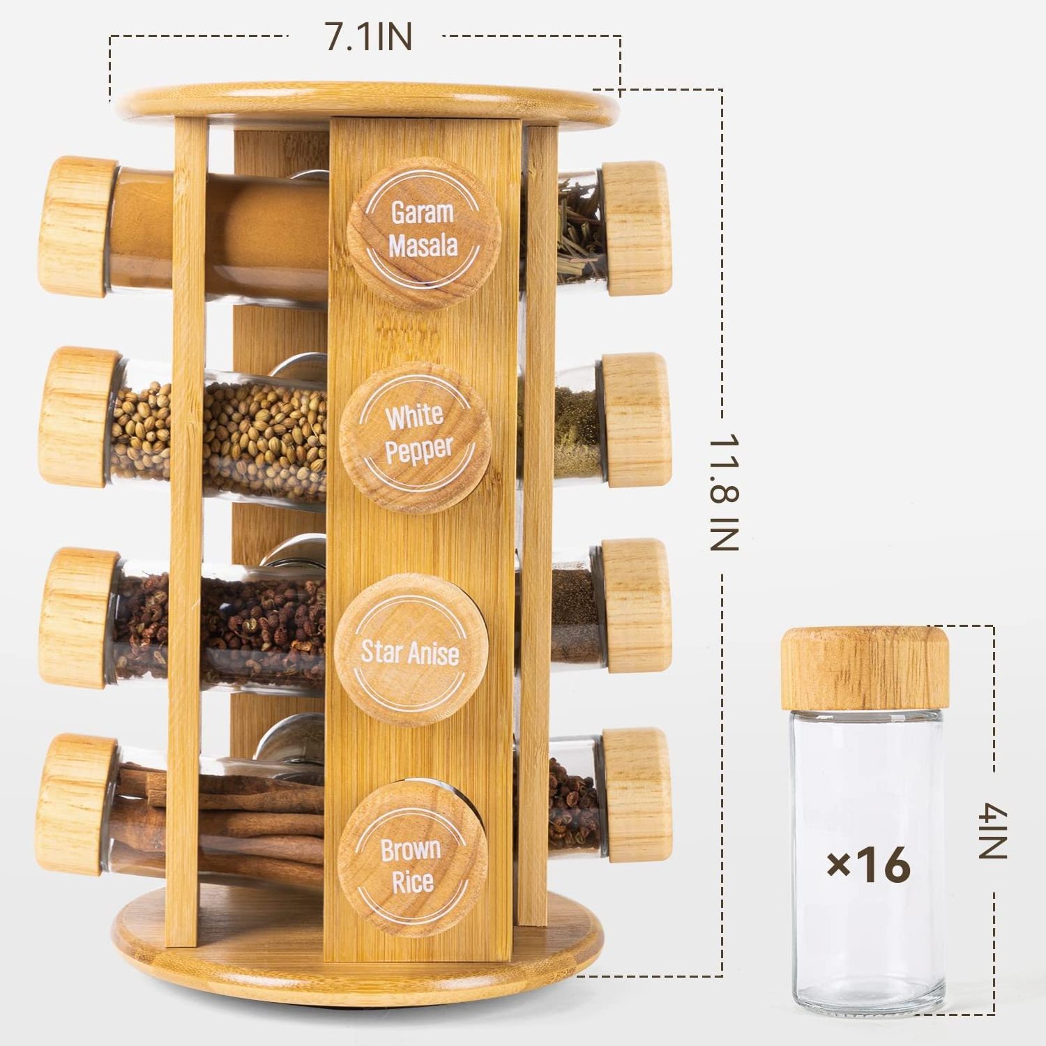 Bamboo Revolving Spice Rack for Kitchen 12-bottle Spice Jar Organizer Countertop Display Holder Stand Shelf Kitchen Accessories