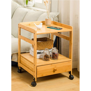 Modern And Simple Bamboo Nightstand With 2 Storage Drawer And Wheels For Living Room Or Bedroom