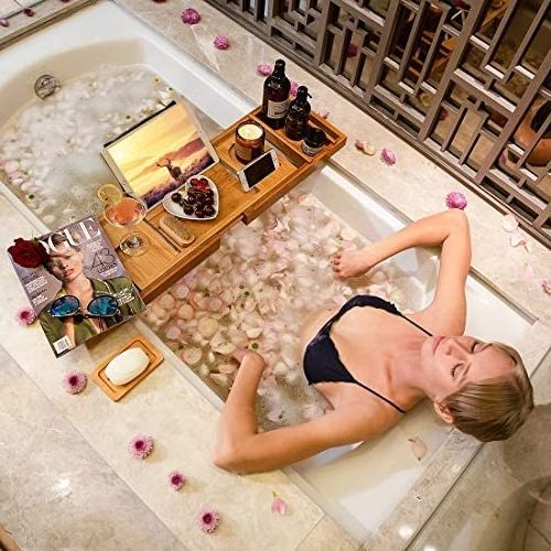 High Quality Luxury Accessories Bath Tub Expandable Bamboo Bathtub Caddy Tray Wooden Shelf