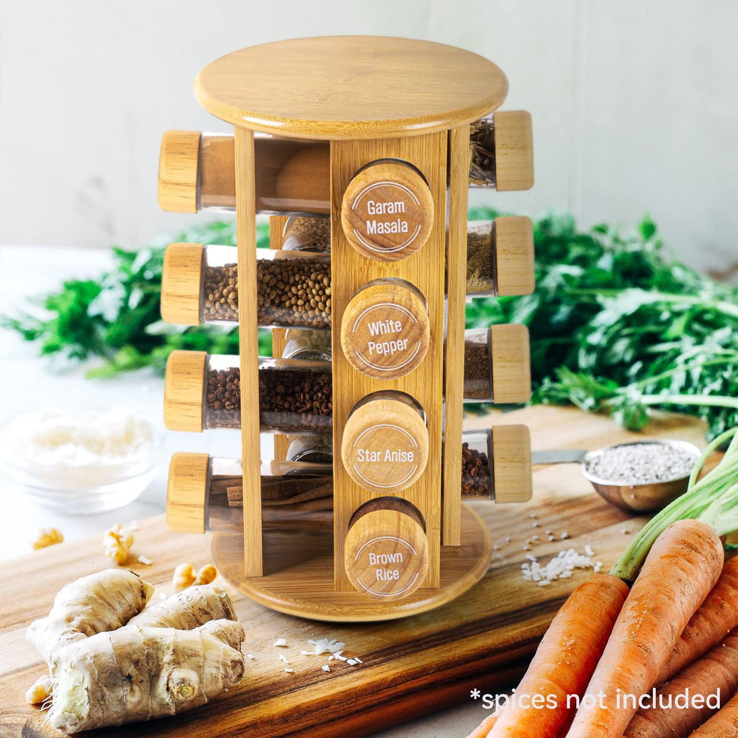 Bamboo Revolving Spice Rack for Kitchen 12-bottle Spice Jar Organizer Countertop Display Holder Stand Shelf Kitchen Accessories