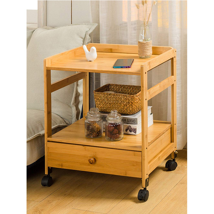 Modern And Simple Bamboo Nightstand With 2 Storage Drawer And Wheels For Living Room Or Bedroom