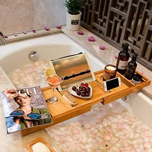 High Quality Luxury Accessories Bath Tub Expandable Bamboo Bathtub Caddy Tray Wooden Shelf