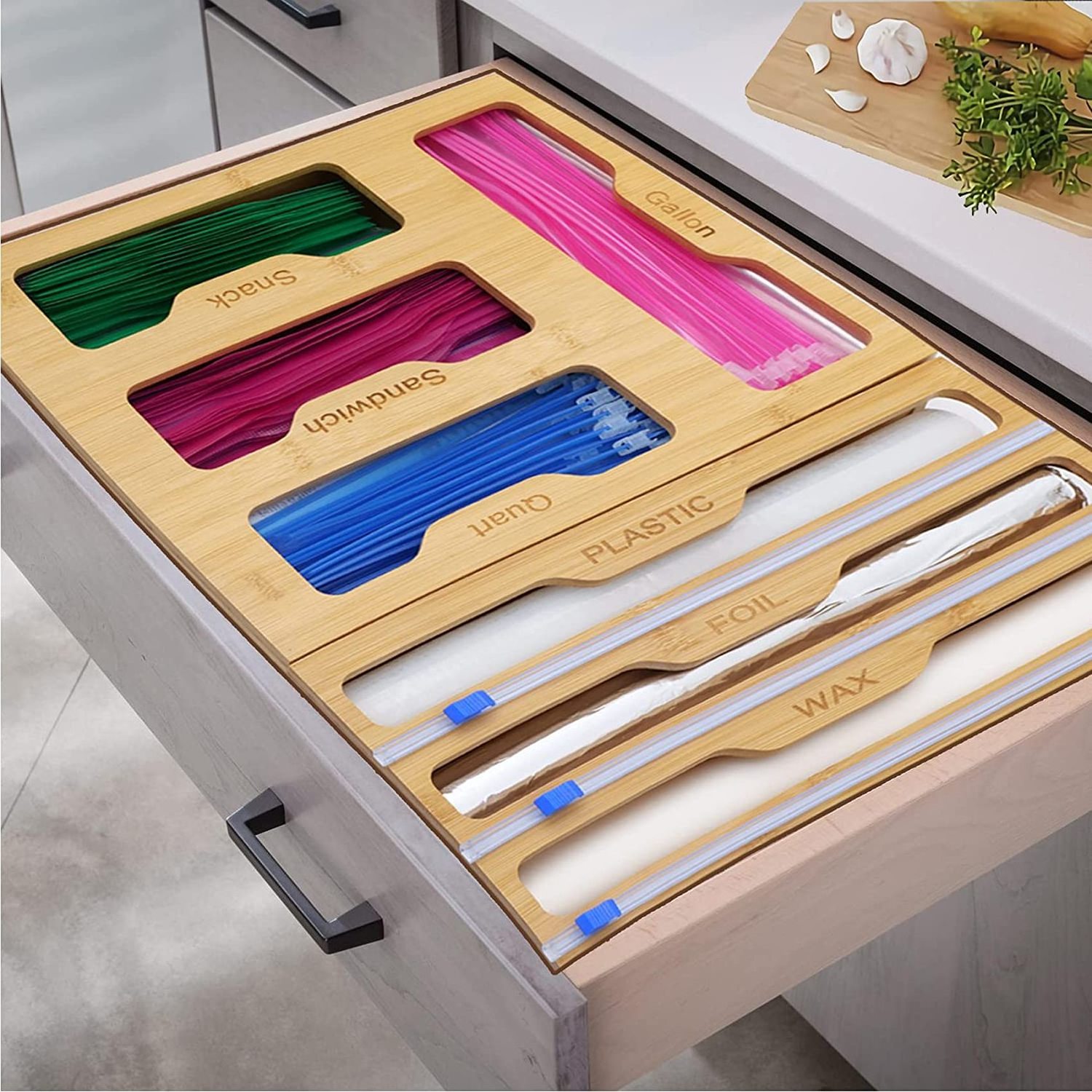 Ziplock Bag Organizer 9 in 1 Wall Mount Bamboo Ziplock Bag Storage Organizer Foil Dispenser Drawer