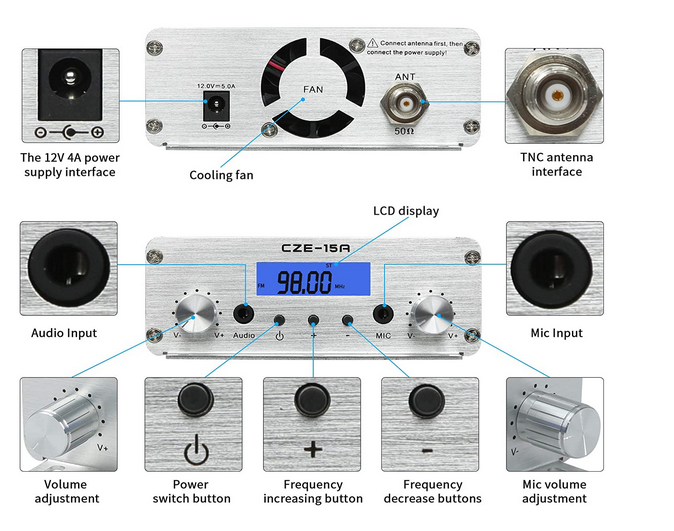 15 Watts 2W/15W wireless stereo Long Range FM Transmitter with Power supply