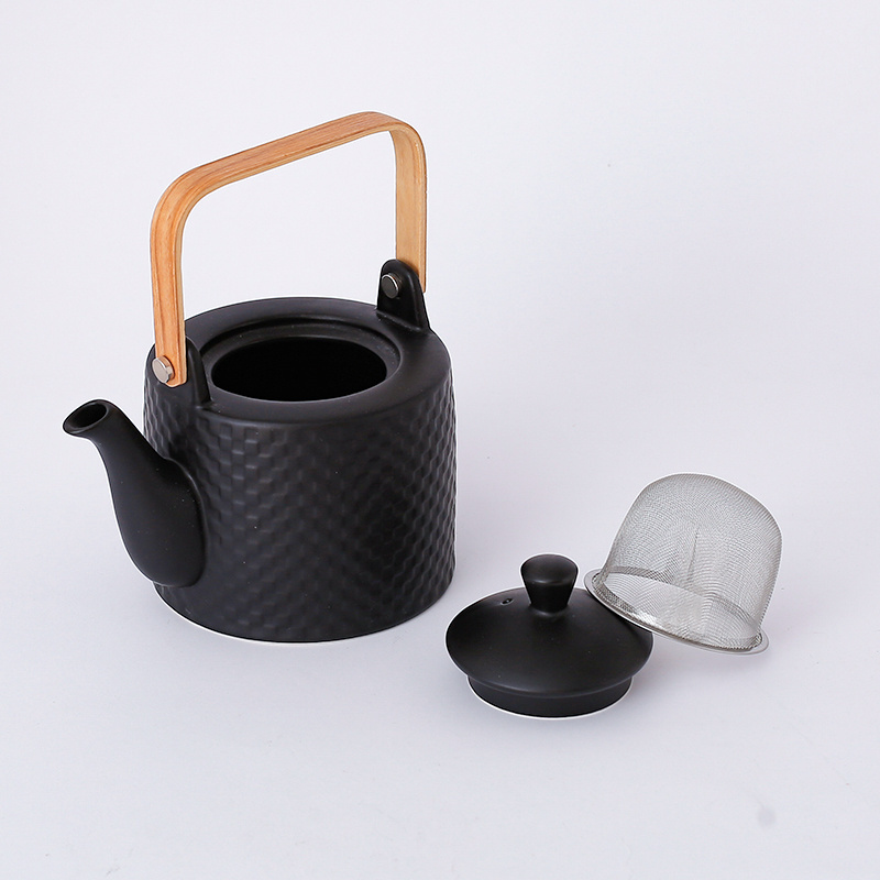 Hot Selling 800 ML Custom Embossed Pattern Porcelain Tea pot Ceramic Matte Black Teapot With Wood Handle