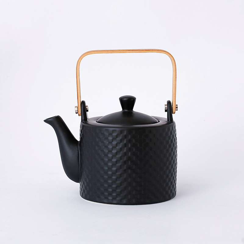 Hot Selling 800 ML Custom Embossed Pattern Porcelain Tea pot Ceramic Matte Black Teapot With Wood Handle