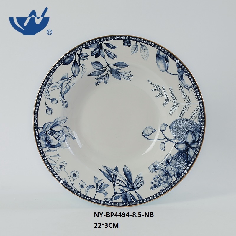 Factory Direct Elegant Restaurant Flower Decal Printed Ceramic Gold Rim Plates New Bone China Soup Plate