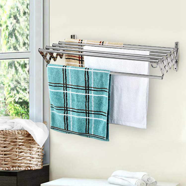 Bathroom Accessories Stainless Steel Mirror Polished Wall Mounted Retractable Bathroom Towel Rack with Clothes Hooks