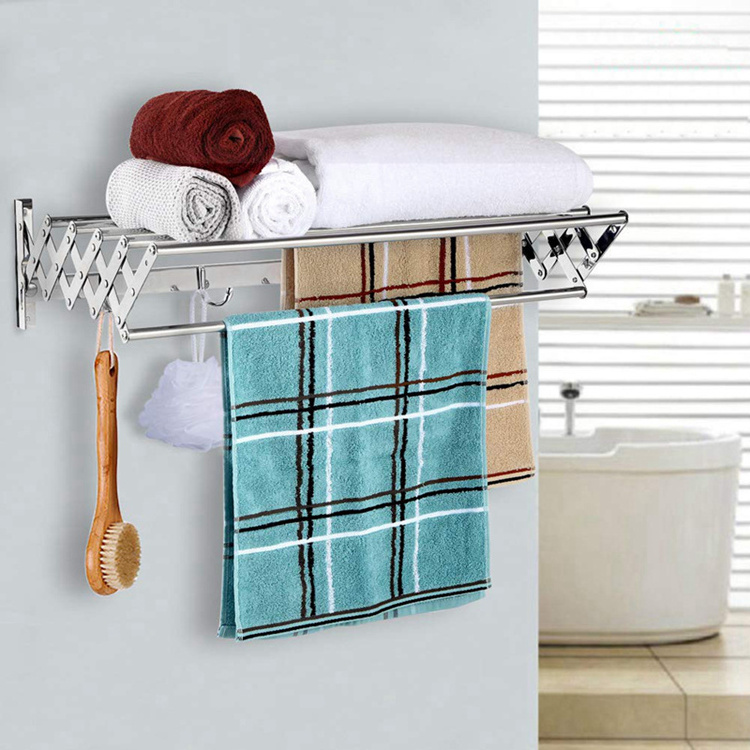 Bathroom Accessories Stainless Steel Mirror Polished Wall Mounted Retractable Bathroom Towel Rack with Clothes Hooks