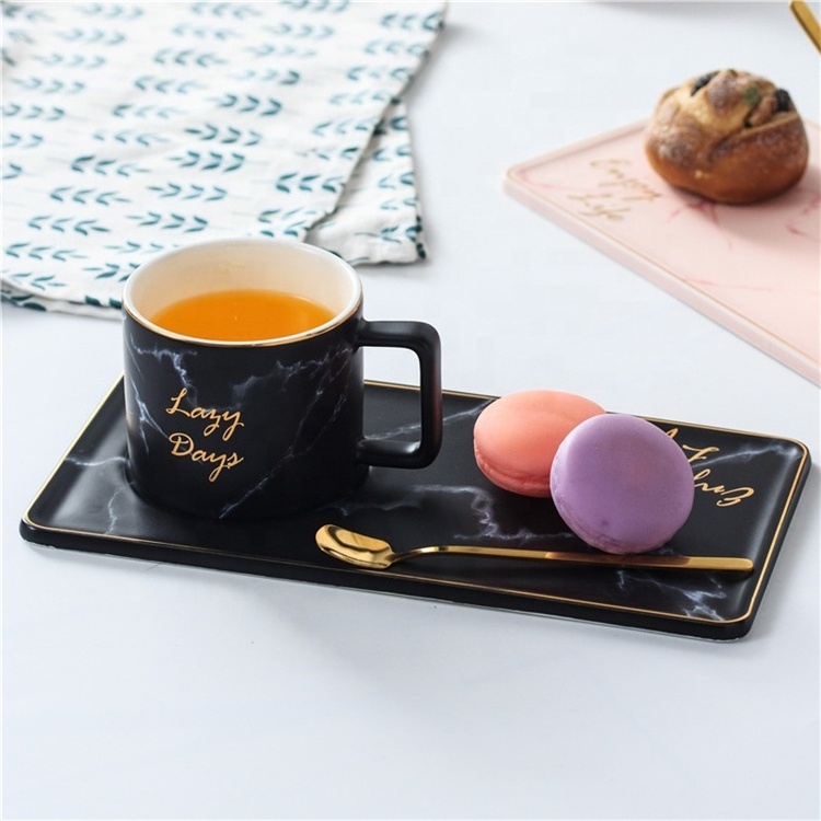 Wholesale custom logo marble brunch porcelain espresso coffee cup with rectangle plate