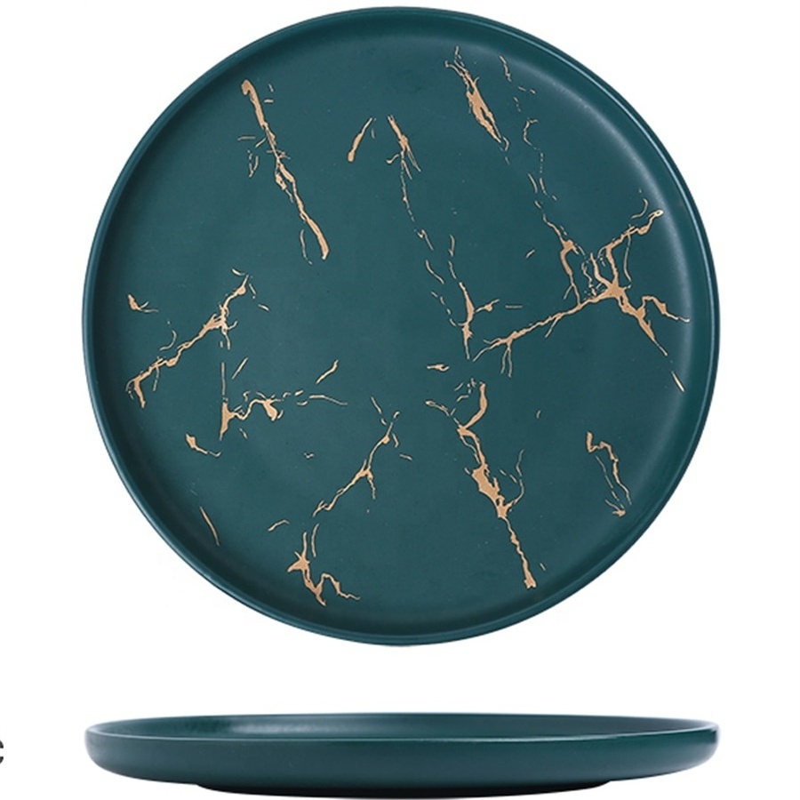 Popular dinnerware gold crackle matte green glaze dinner plate ceramic