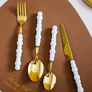 Pearl Ceramic Handle Household Gift Spoon Fork Knife Gold Stainless Steel 4 piece Cutlery Set