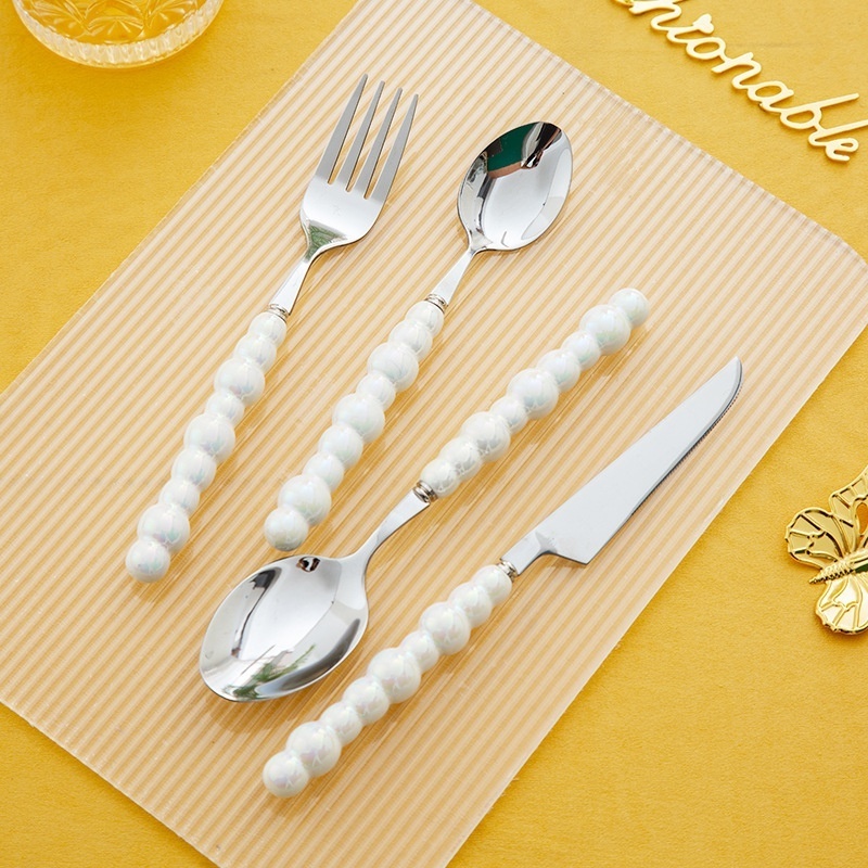 Pearl Ceramic Handle Household Gift Spoon Fork Knife Gold Stainless Steel 4 piece Cutlery Set