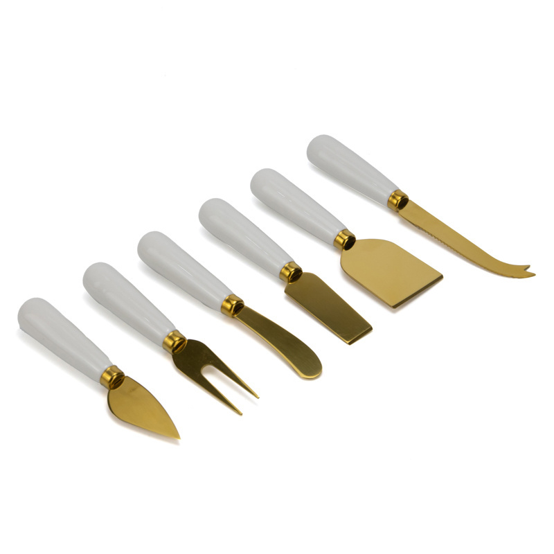 Halloween Stainless Steel Gold Mini Tongs Shovel And Forks Cheese Butter Spreader Knife Set With White Ceramic Handle