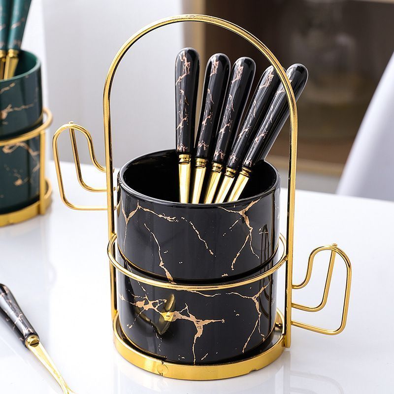 Golden Dessert Ceramic Handle Stainless Steel Tea Spoon Shelf Holding Set Utensils With Tumbler Holder Stand