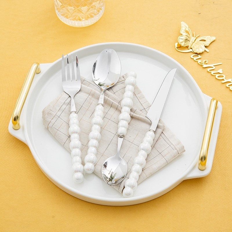 Pearl Ceramic Handle Household Gift Spoon Fork Knife Gold Stainless Steel 4 piece Cutlery Set