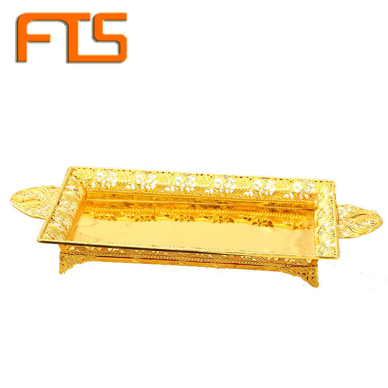 FTS Rectangular Wedding Elegant Dessert With Handles Gold Food Decoration Candy Luxury Dryfruit Plastic Sweet Serving Tray