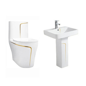 Hot sale Gold Line Design Bathroom Ceramic One-Piece Toilets Bowl Disable Person Use WC Bathroom Wash Down Toilets