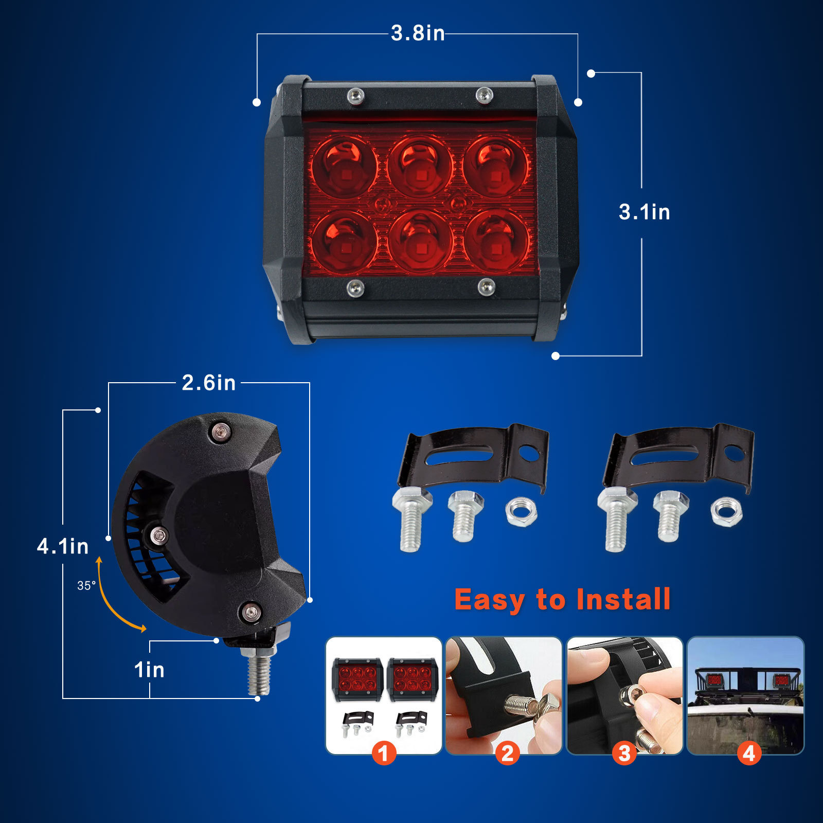 JC New Design Auto Lighting System 18W Truck Car Red Color Led Spot Work Light Led Bar Light for Motorcycle Tractor Boat