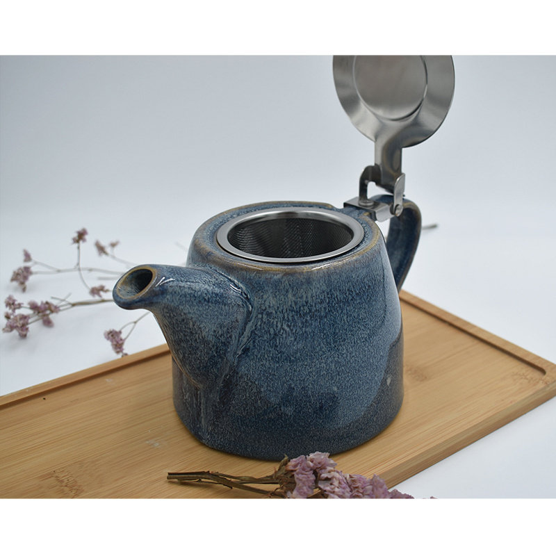 Reactive glazed mini teapot with stainless lid stump shape ceramic tea pot kettle with strainer and infuser