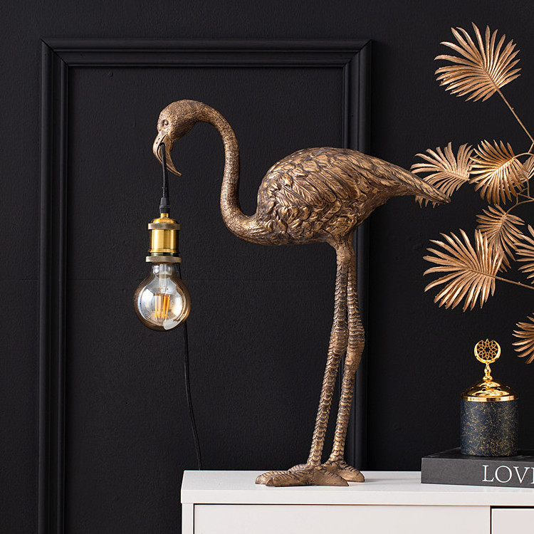 Modern Art Abstract Decor Animal Sculpture Floor Standing Lamp Gold Resin Flamingo Luxury Floor Lamp For Interior