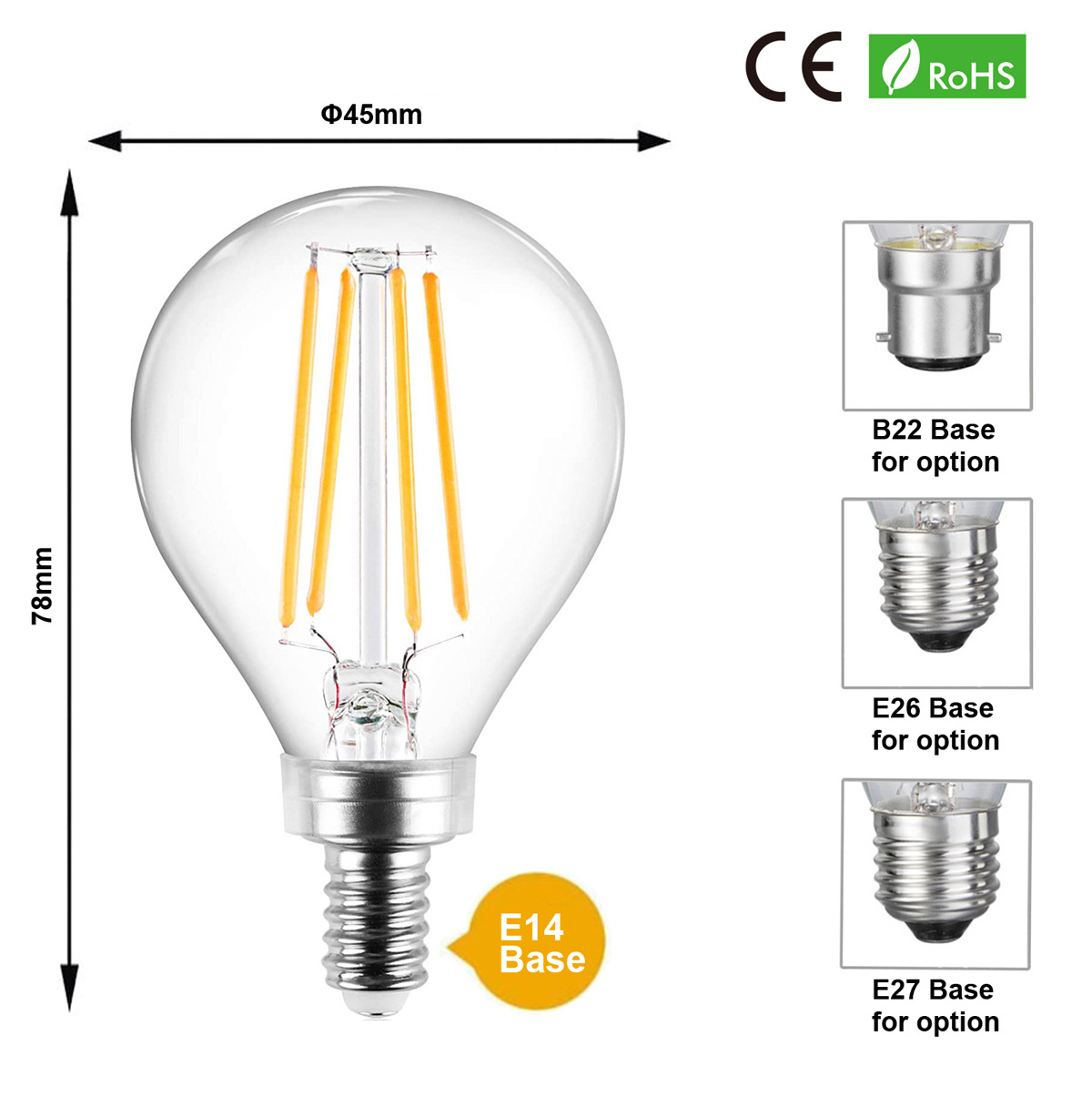 G45 Globe Edison LED Filament Light Bulb E26 E27 Base Dimmable Led Bulb String Lights 2W 4W 5W For Home Holiday Party Decoration