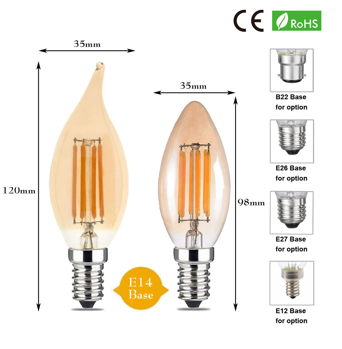 B22 E12 E14 E26 E27 Base Vintage Edison Candle Bulb Clear Amber C35 Dimmable Led Filament Bulb