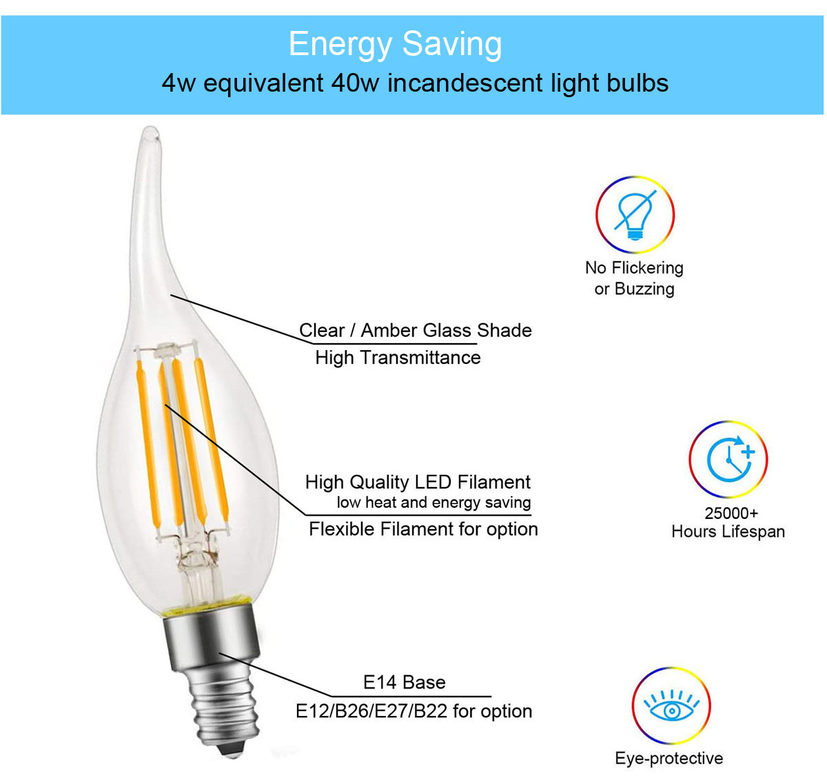 B22 E12 E14 E26 E27 Base Vintage Edison Candle Bulb Clear Amber C35 Dimmable Led Filament Bulb