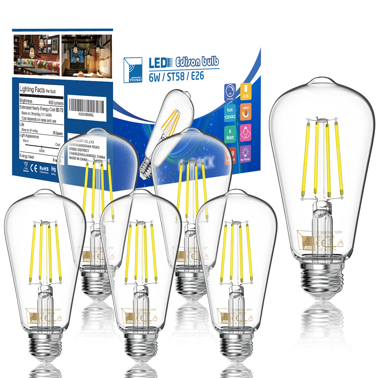 Energy Saving 4W 6W Dimmable ST58 ST19 Vintage Edison Led Light Bulbs Clear Led Filament Bulb