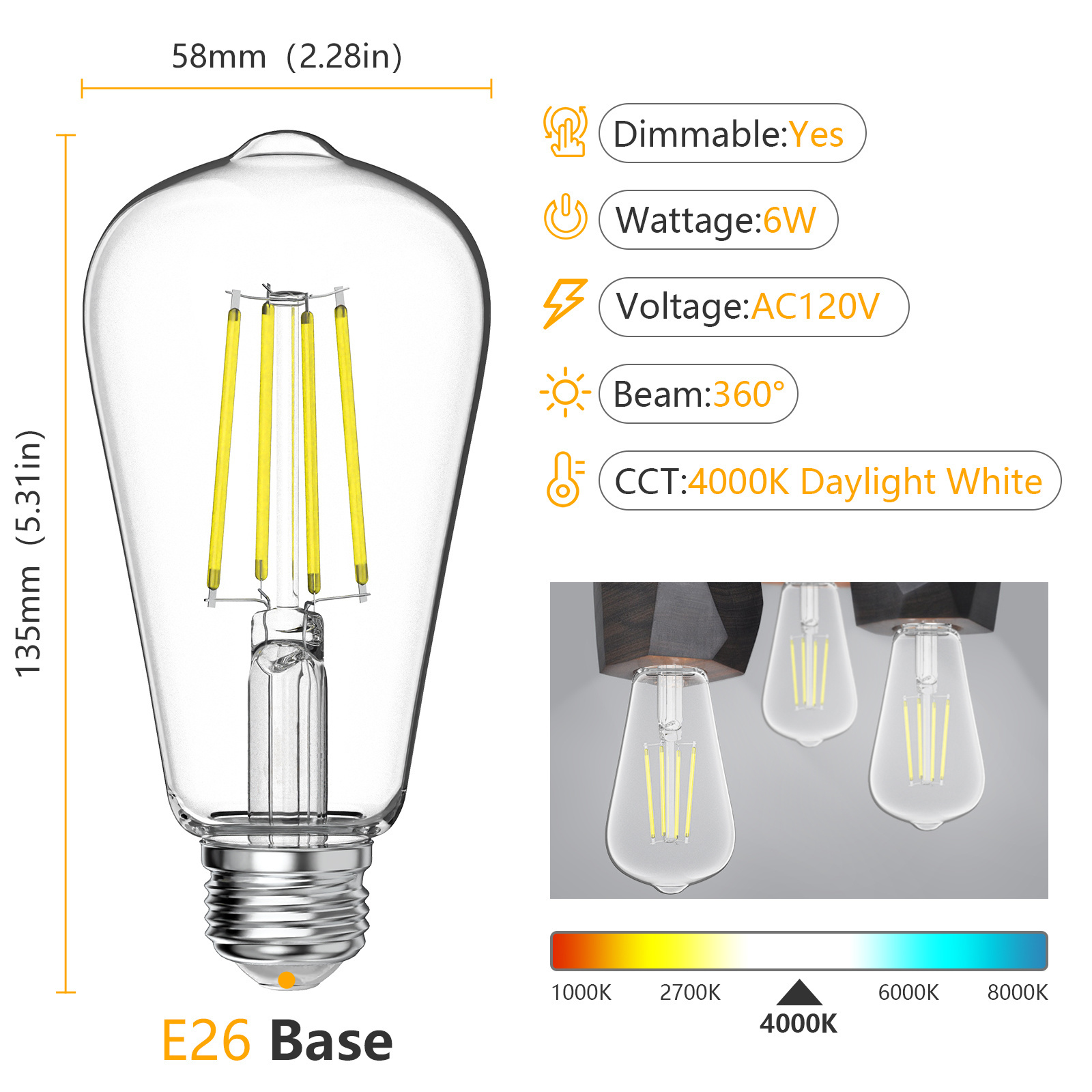 Energy Saving 4W 6W Dimmable ST58 ST19 Vintage Edison Led Light Bulbs Clear Led Filament Bulb