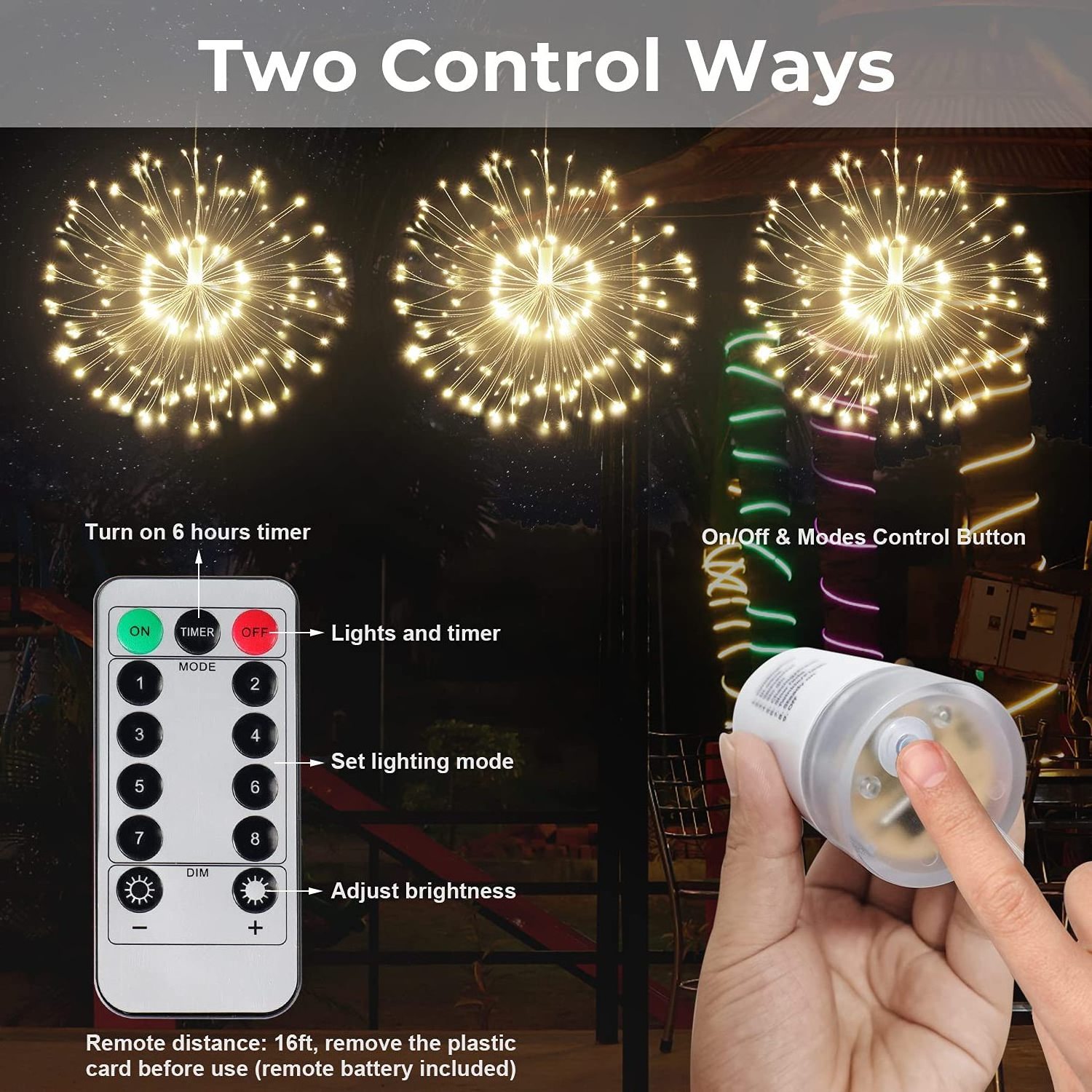 IP65 Outdoor Remote Control Battery Power 8 Modes RGB Dimmable Hanging Christmas Firework Smart String Lights