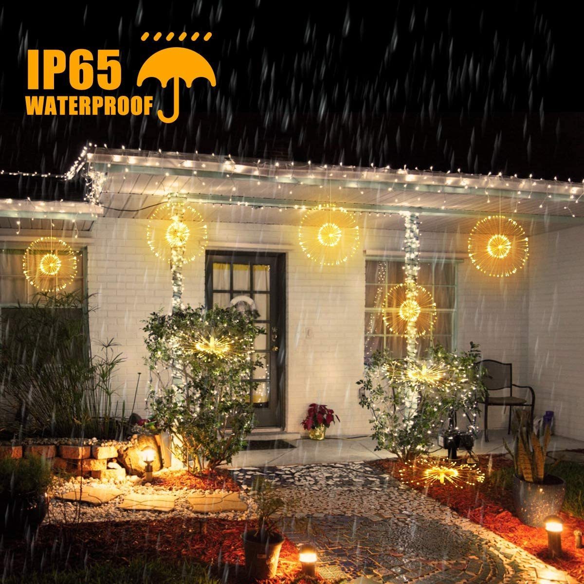 IP65 Outdoor Remote Control Battery Power 8 Modes RGB Dimmable Hanging Christmas Firework Smart String Lights