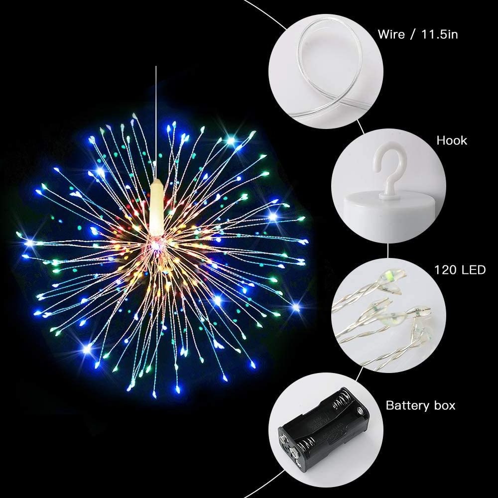 IP65 Outdoor Remote Control Battery Power 8 Modes RGB Dimmable Hanging Christmas Firework Smart String Lights