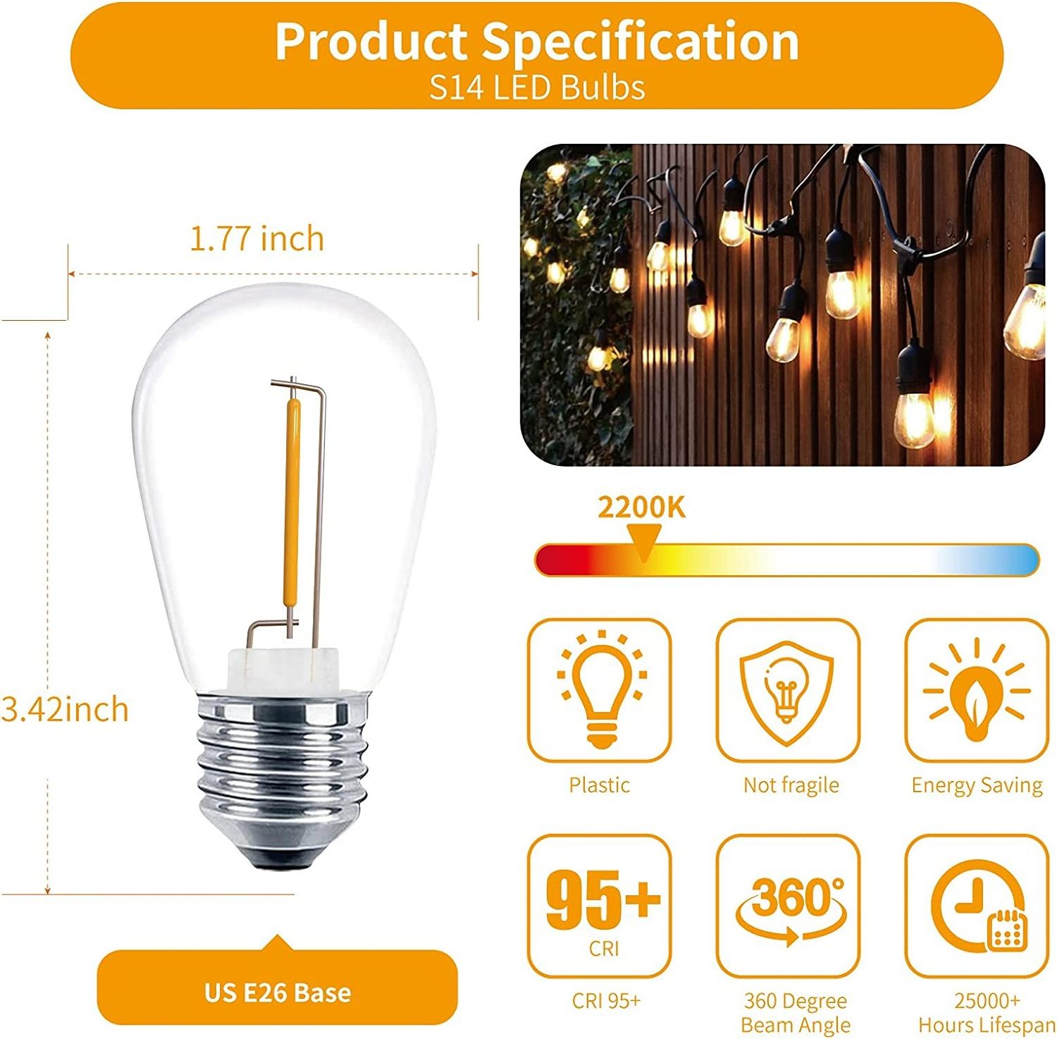 24V 120V 240V 1W 60lm Shatterproof Holiday Lighting S14 Outdoor String Lights Edison Led Bulbs