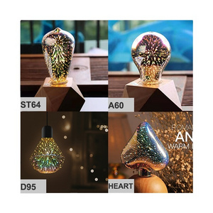 3D Fireworks Light Bulb ST64 A60 D95 Heart E27 Colorful LED Fire Work Lightbulbs Decorative Vintage Filament Edison Light Bulb