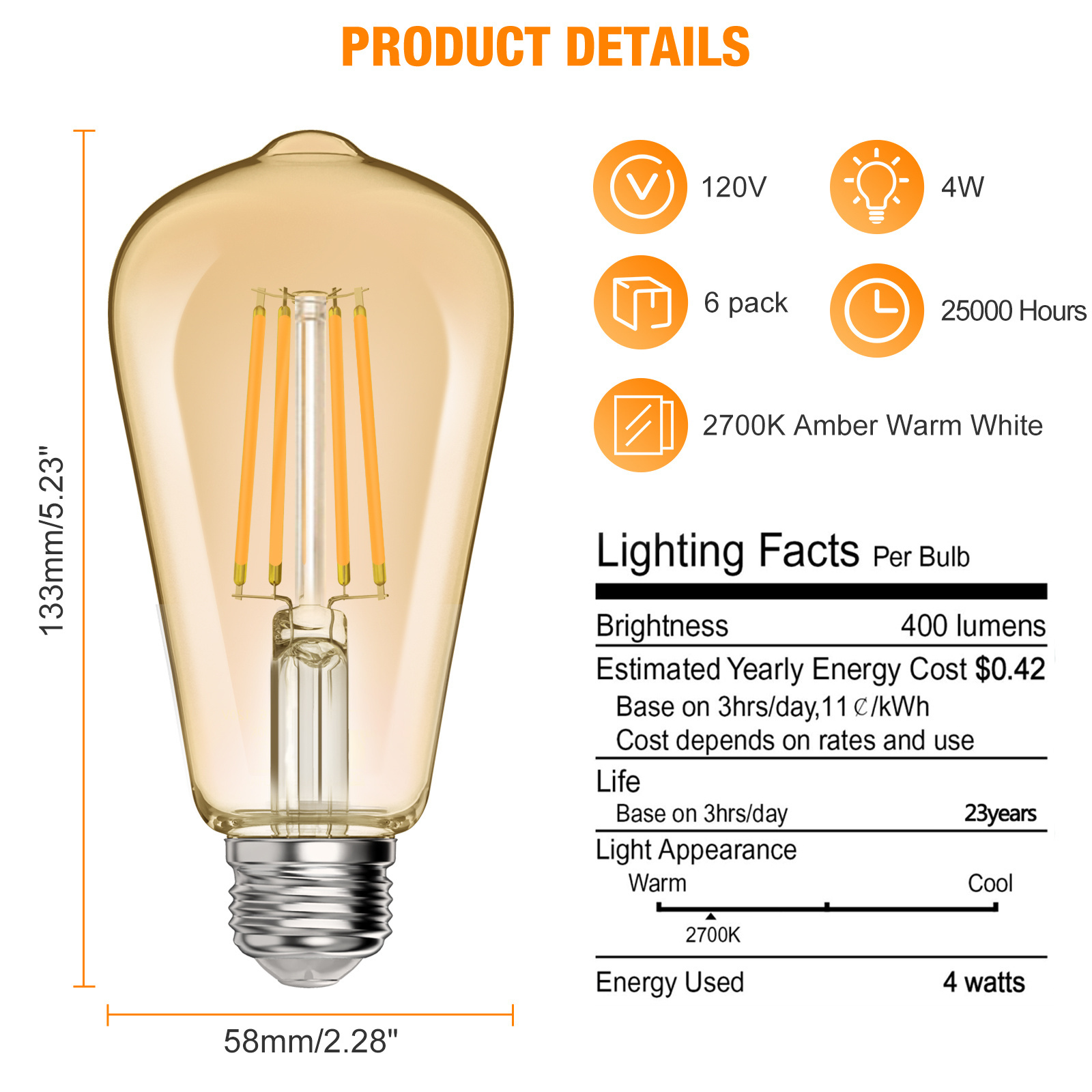 High Quality ST58 ST64 4W 6W Led Edison Bulbs 2700K Warm White Light Bulbs E26 E27 Antique Vintage LED Filament Bulb Amber Glass