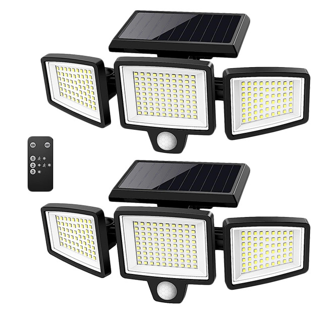 Solar Outdoor Lights Remote Control 3 Heads Motion Sensor Lights IP65 Waterproof 270 Wide Angle Flood Wall Lights with 3 Modes