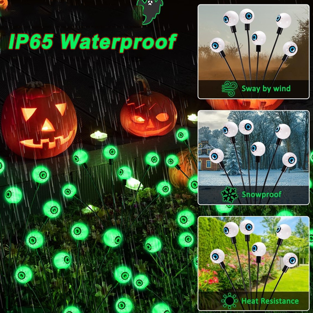 Halloween Decorations Outdoor Solar Scary Eyeball Lights 10LED Green Eyeball Swaying Firefly Lights Waterproof Solar Halloween P