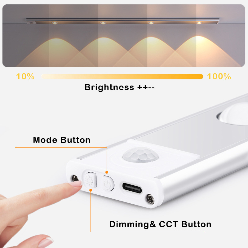 Upgrade black Dimmable 3 colors Motion Sensored Magnetic Under Counter Wireless Lighting Rechargeable LED Closet Cabinet Light