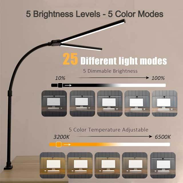 LED Desk Lamp Double Head 24W Brightest Workbench Lighting-5 Color Modes and 5 Dimmable Eye Protection Modern Architect Desk Lam