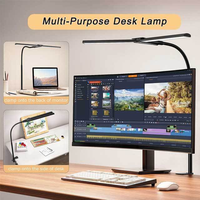 LED Desk Lamp Double Head 24W Brightest Workbench Lighting-5 Color Modes and 5 Dimmable Eye Protection Modern Architect Desk Lam