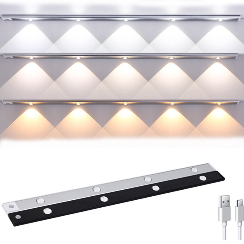 Upgrade black Dimmable 3 colors Motion Sensored Magnetic Under Counter Wireless Lighting Rechargeable LED Closet Cabinet Light