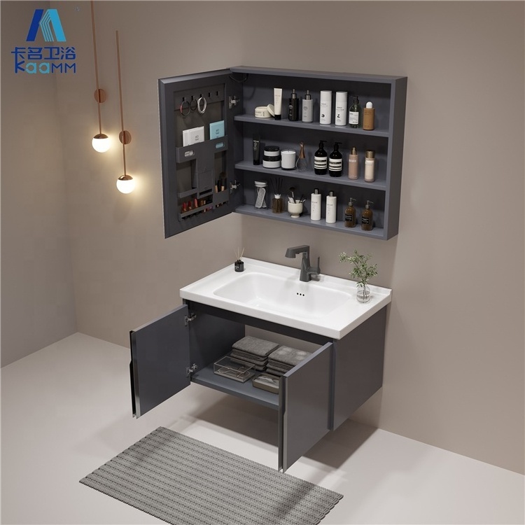 Luxury european style sanitary ware aluminum wall hung cabinet black bathroom vanity for sale