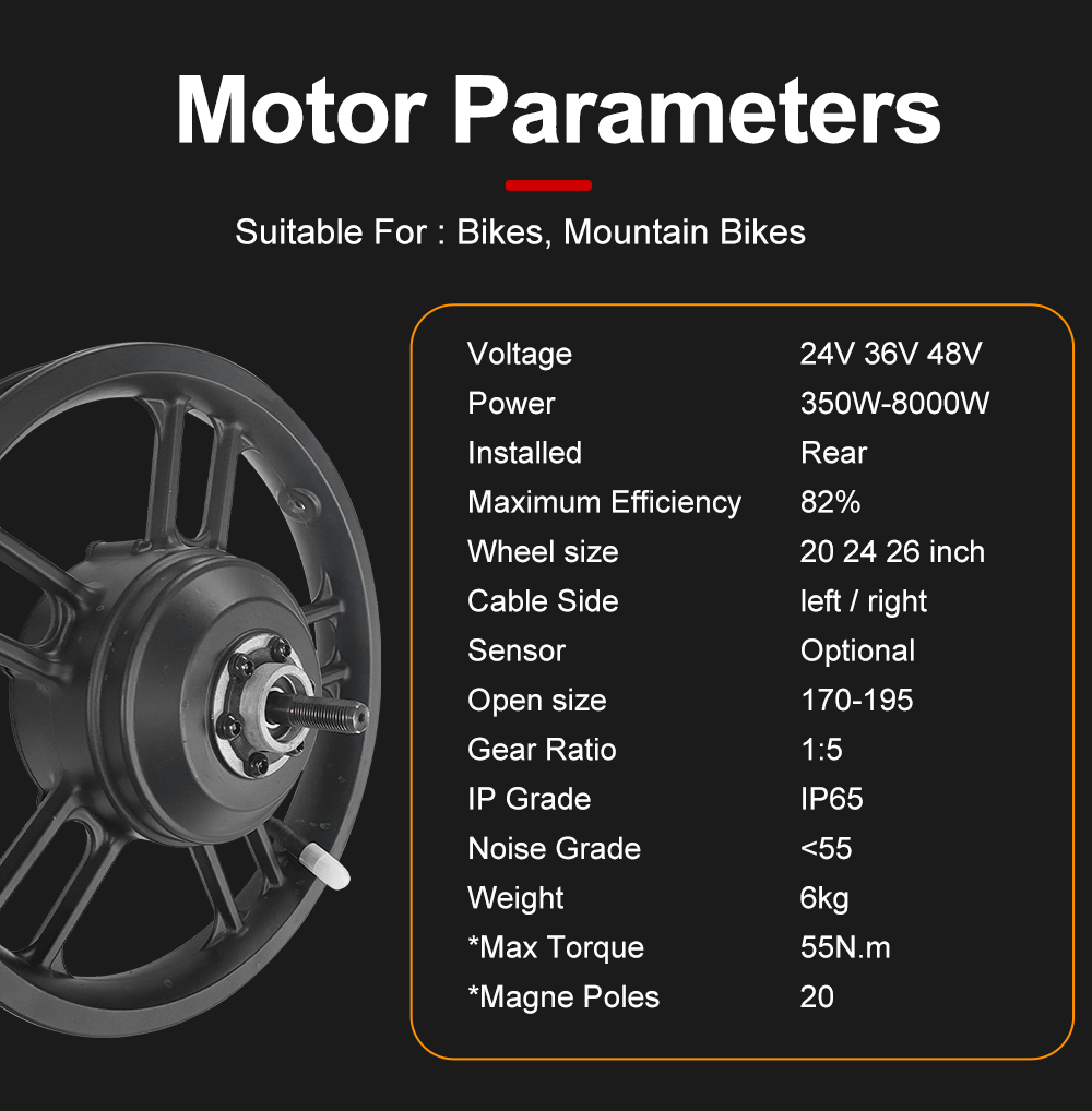 24V 36V 48V High-Power 8000W Rear Wheel Electric Bicycle Hub Motor 20 24 26 Inch Brushless Commutation 3000W-5000W Rated Power